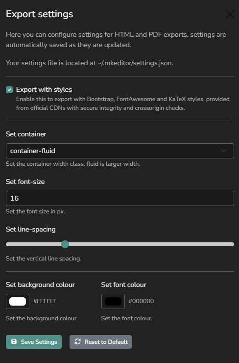 Screenshot of MKEditor export settings