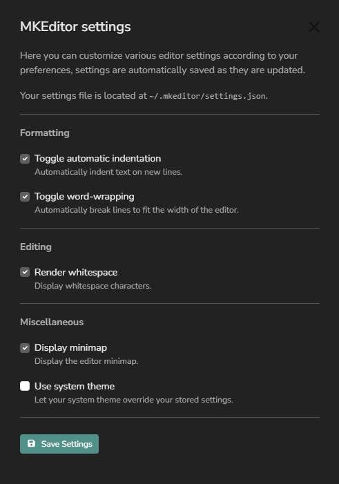Screenshot of MKEditor settings